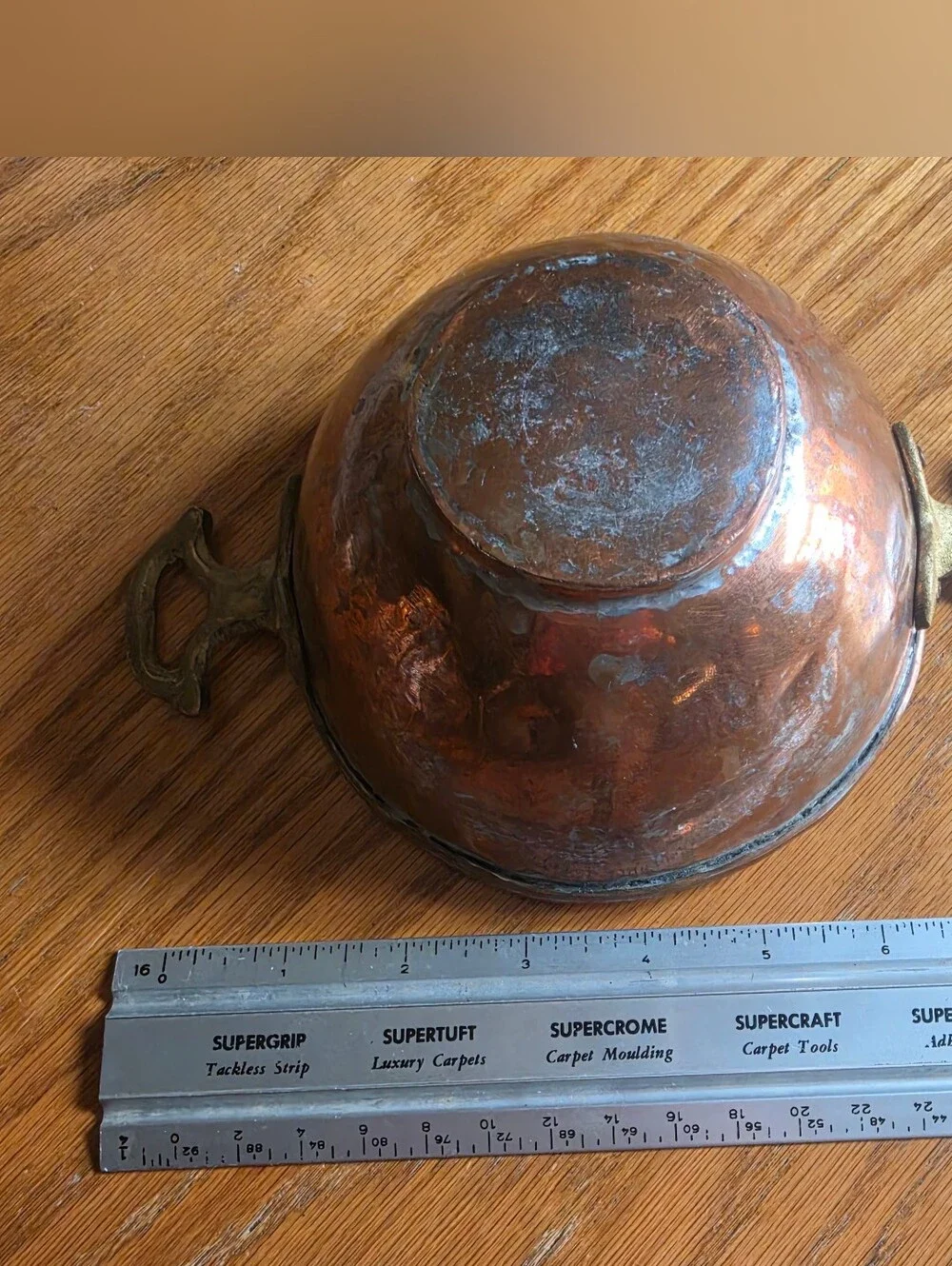 Antique Primitive 18th/19th Century Tinned Copper‎ Bowl Solid Brass Handles
